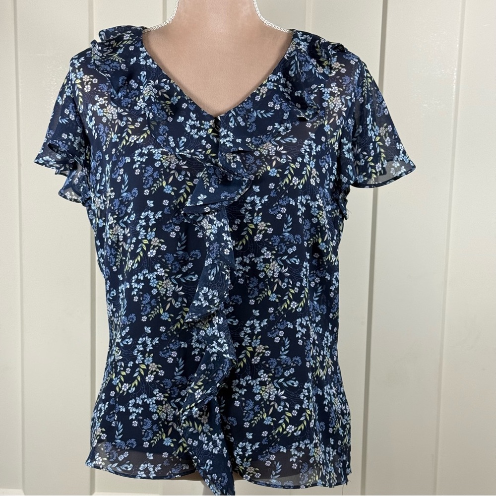 Liz Claiborne Navy Floral Ruffle Blouse with Navy Camisole Cottage Core